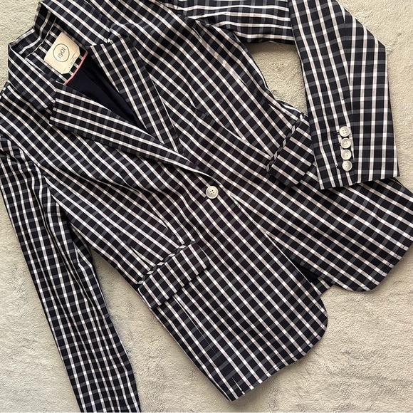 1901 Jackets & Blazers - 1901 Gingham Checkered Preppy Academia Single Button Cotton Blazer Navy Blue